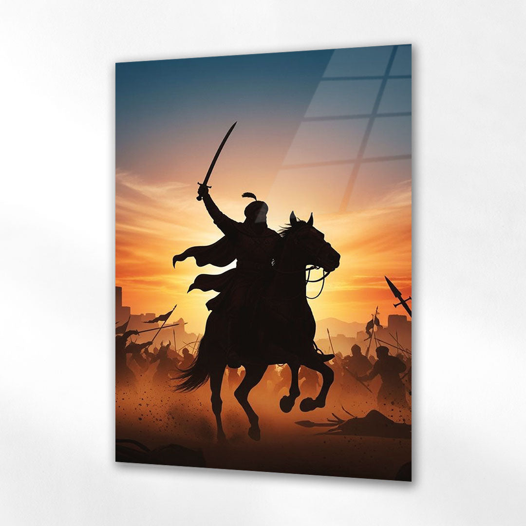 Atlı Türk Savaşçısı Günbatımı Epik Cam Tablo