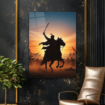 Atlı Türk Savaşçısı Günbatımı Epik Cam Tablo