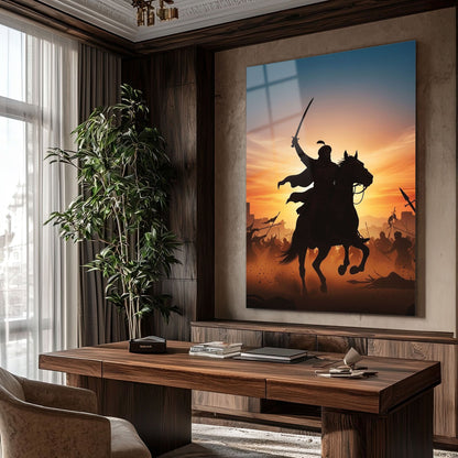 Atlı Türk Savaşçısı Günbatımı Epik Cam Tablo
