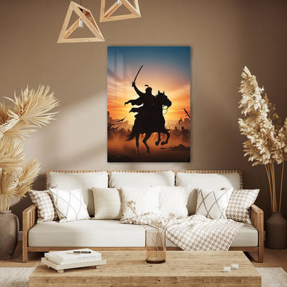 Atlı Türk Savaşçısı Günbatımı Epik Cam Tablo