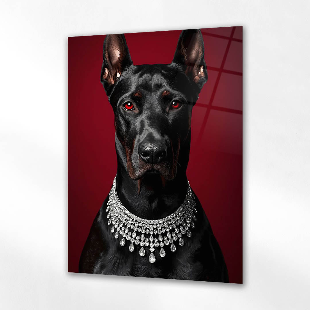 Lüks Doberman Kırmızı Zemin Cam Tablo
