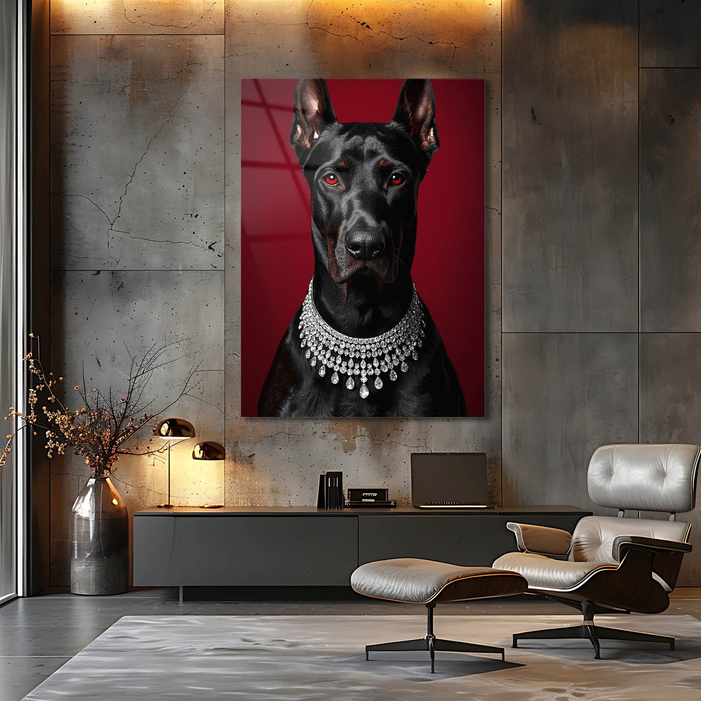 Lüks Doberman Kırmızı Zemin Cam Tablo