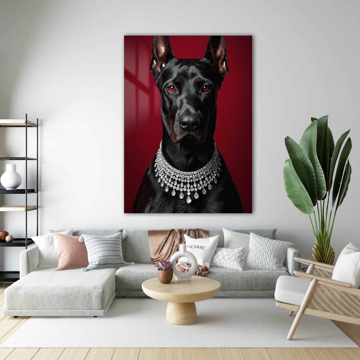Lüks Doberman Kırmızı Zemin Cam Tablo