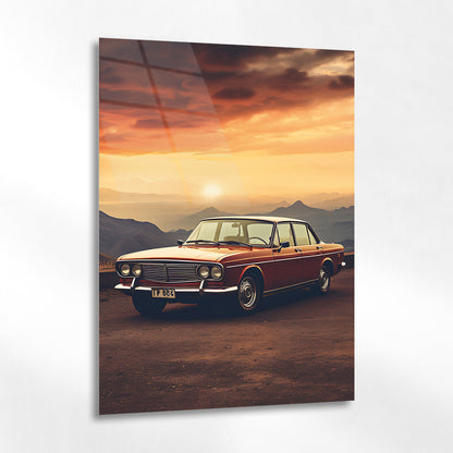 Klasik Sedan Araba Cam Tablo – Gün Batımı Vintage Sahne - Cam Tablo