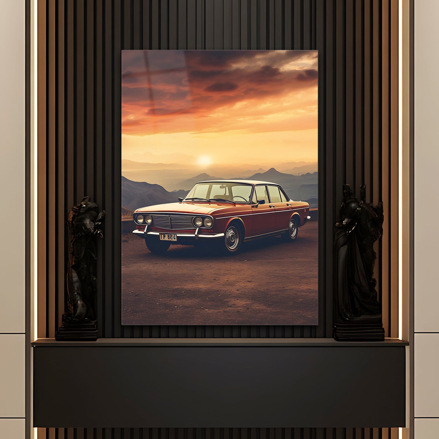 Klasik Sedan Araba Cam Tablo – Gün Batımı Vintage Sahne - Cam Tablo