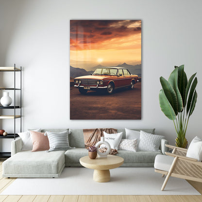 Klasik Sedan Araba Cam Tablo – Gün Batımı Vintage Sahne - Cam Tablo