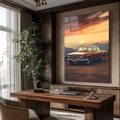 Klasik Sedan Araba Cam Tablo – Gün Batımı Vintage Sahne - Cam Tablo