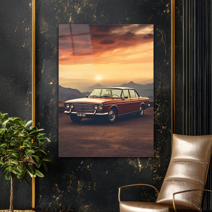 Klasik Sedan Araba Cam Tablo – Gün Batımı Vintage Sahne - Cam Tablo