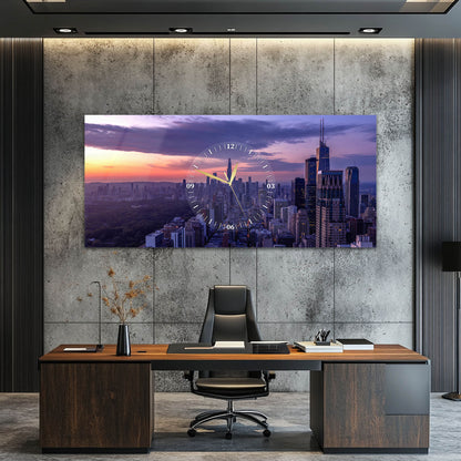 Gece Şehri Manzaralı Mor Günbatımı Cam Saatli Tablo 4 mm Modern