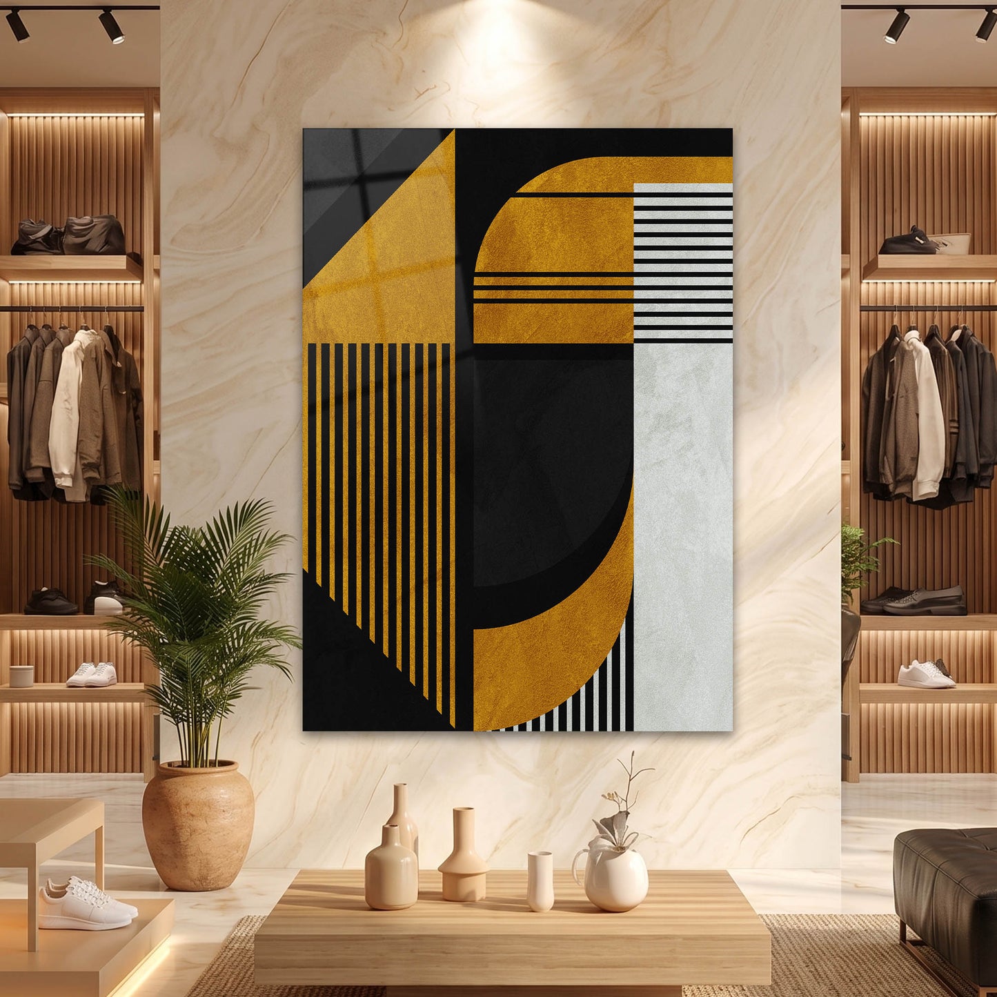 Siyah ve Altın Sarısı Geometrik Bauhaus Cam Tablo