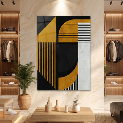 Siyah ve Altın Sarısı Geometrik Bauhaus Cam Tablo
