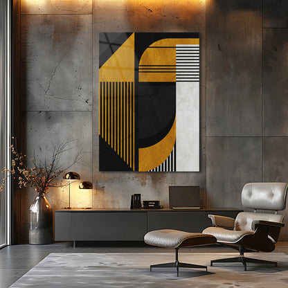 Siyah ve Altın Sarısı Geometrik Bauhaus Cam Tablo