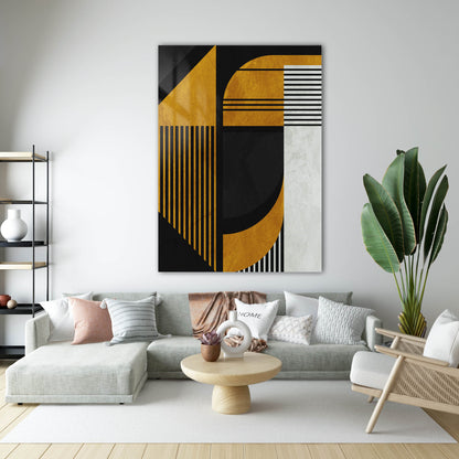 Siyah ve Altın Sarısı Geometrik Bauhaus Cam Tablo