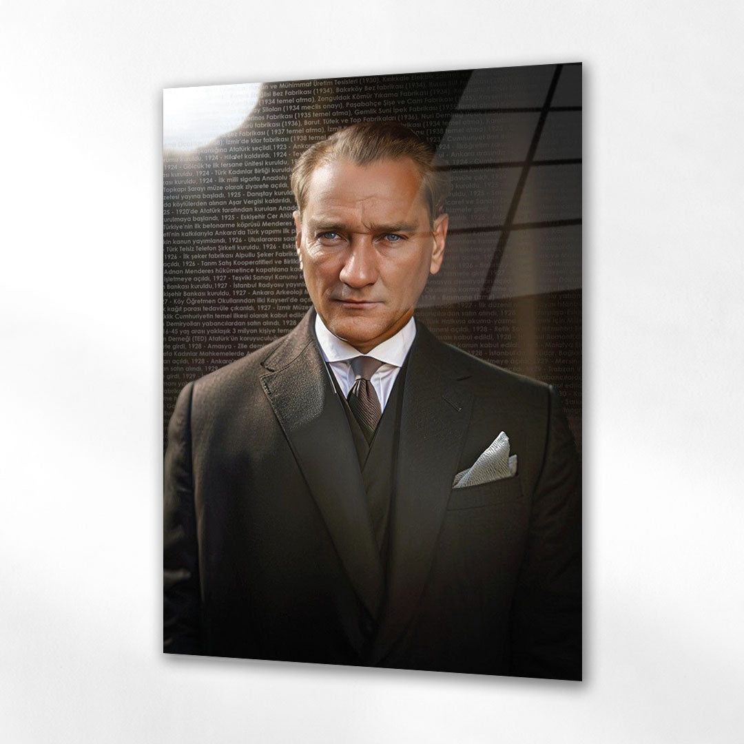 Mustafa Kemal Atatürk Tarihi Metin Arkaplanlı Resmi Portre Cam Tablo