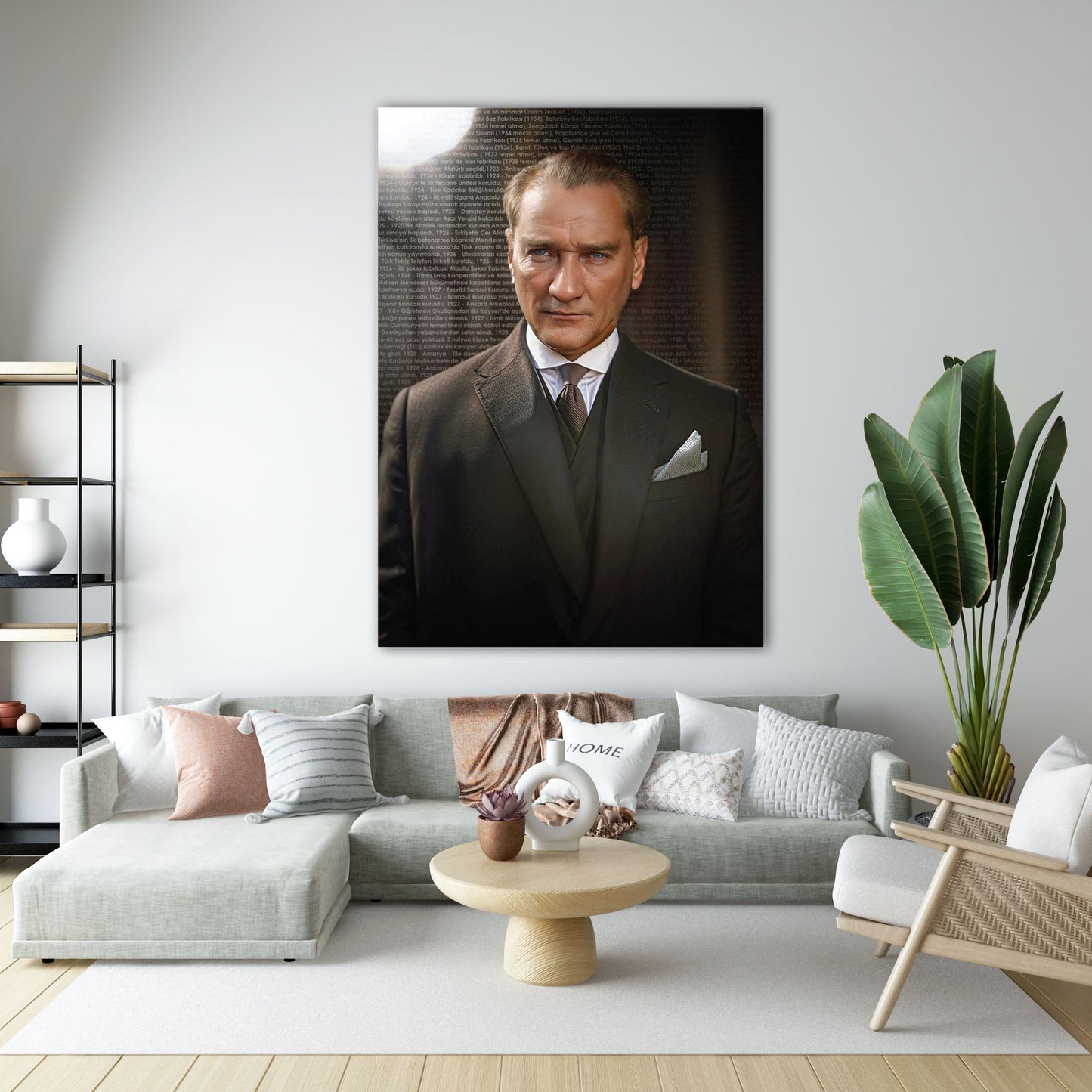 Mustafa Kemal Atatürk Tarihi Metin Arkaplanlı Resmi Portre Cam Tablo