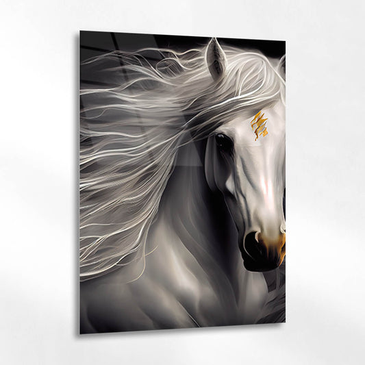 Beyaz At Gümüş Dokulu Portre Cam Tablo