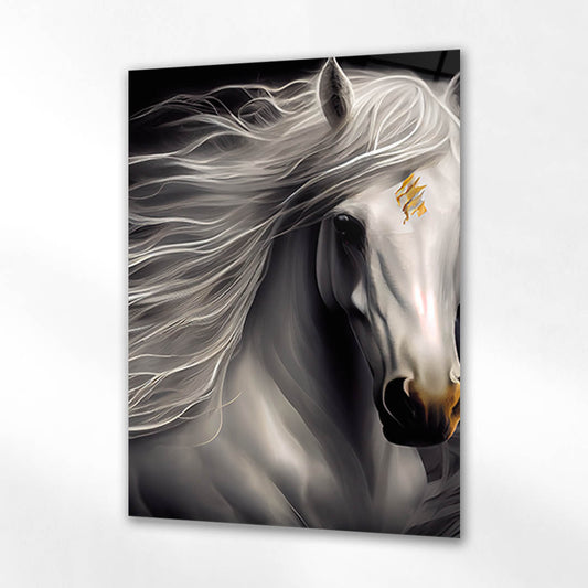 Beyaz At Gümüş Dokulu Portre Cam Tablo