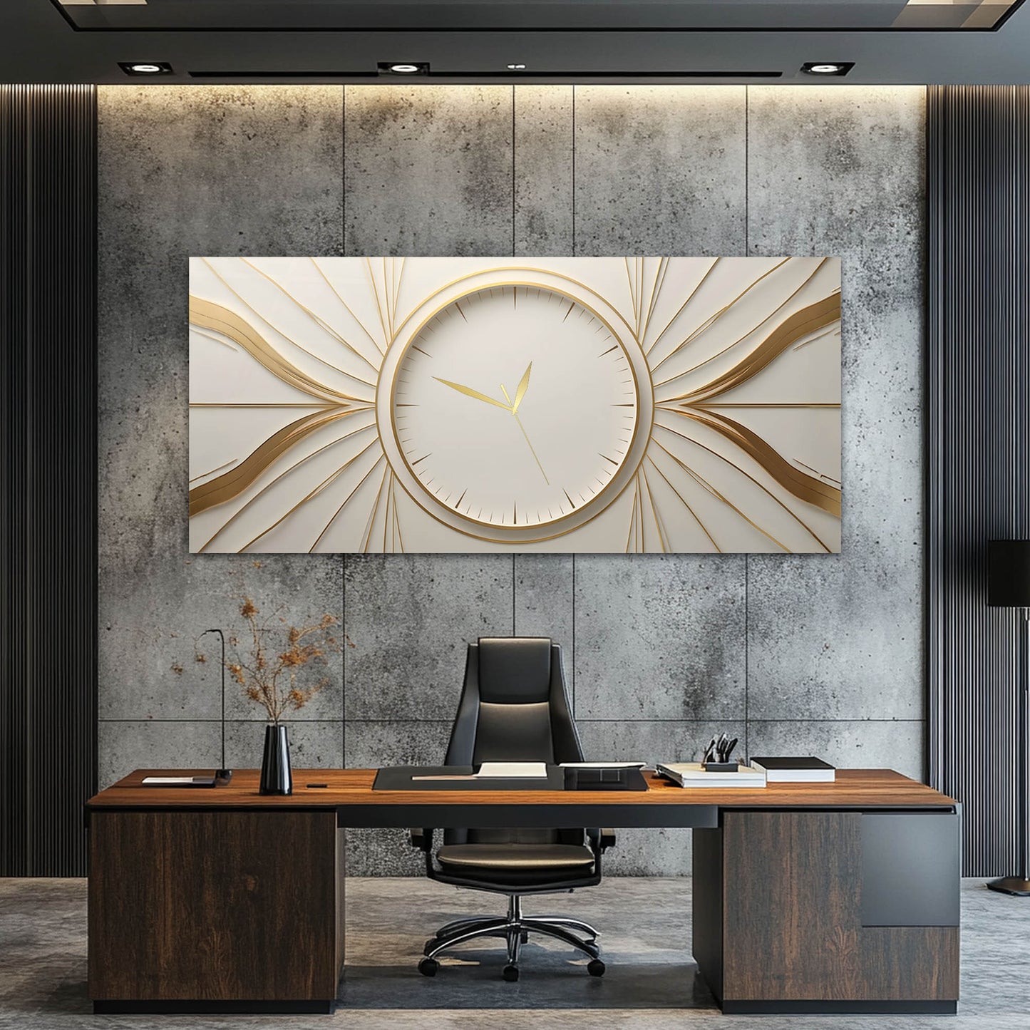 Altın Işıltılı Minimalist Beyaz Cam Saatli Tablo 4 mm Lüks Dekor