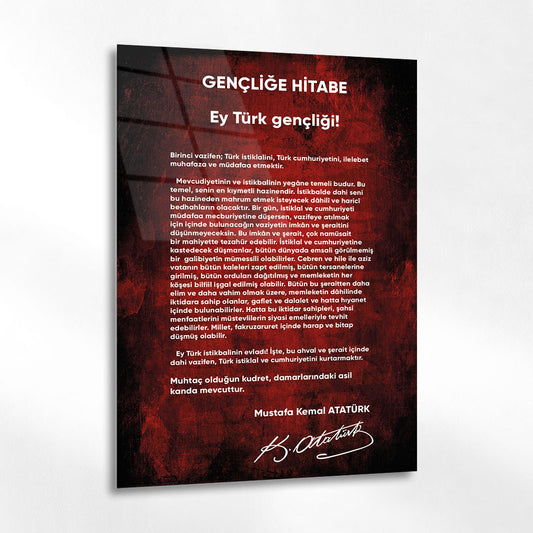 Atatürk Gençliğe Hitabe Tipografik Cam Tablo
