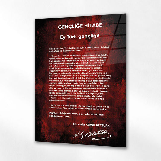Atatürk Gençliğe Hitabe Tipografik Cam Tablo