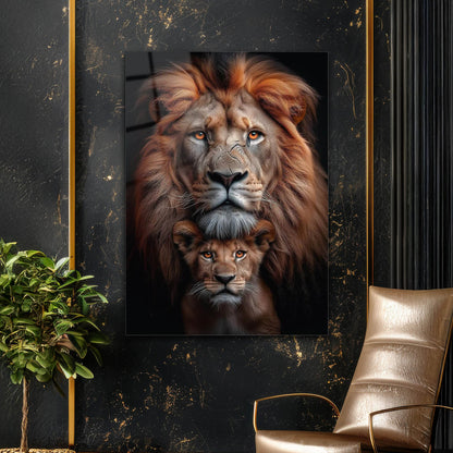 Aslan ve Yavru Güçlü Portre Cam Tablo