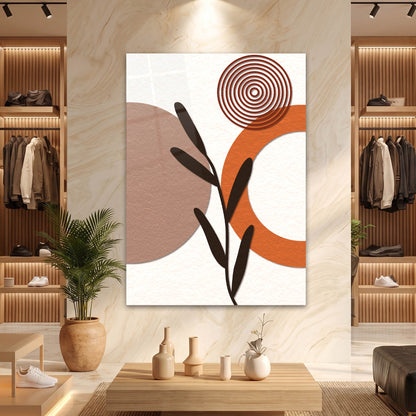 Minimalist Boho Kiremit Halkalı Yaprak Cam Tablo