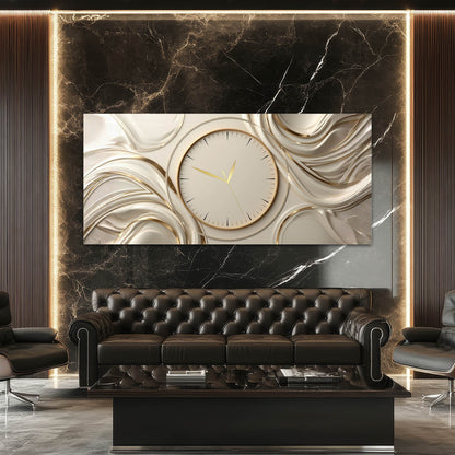 Krem Ve Altın Renkli Soyut Akışkan Cam Saatli Tablo 4 mm