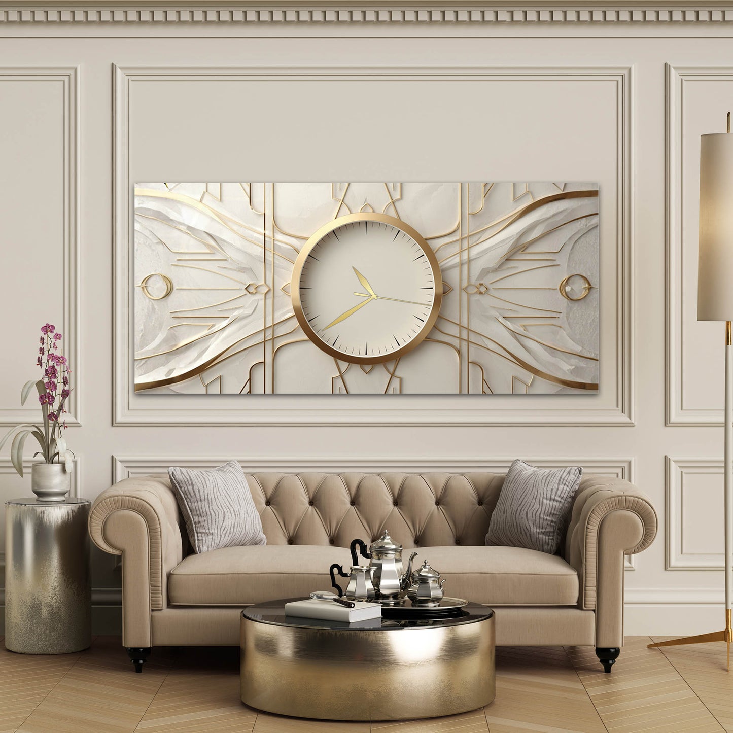 Art Deco Geometrik Altın Detaylı Cam Saatli Tablo 4 mm Beyaz