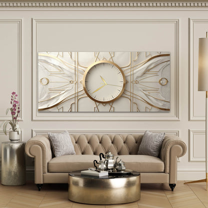 Art Deco Geometrik Altın Detaylı Cam Saatli Tablo 4 mm Beyaz