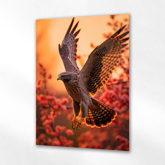 Çiçekler Arasında Uçan Şahin Cam Tablo