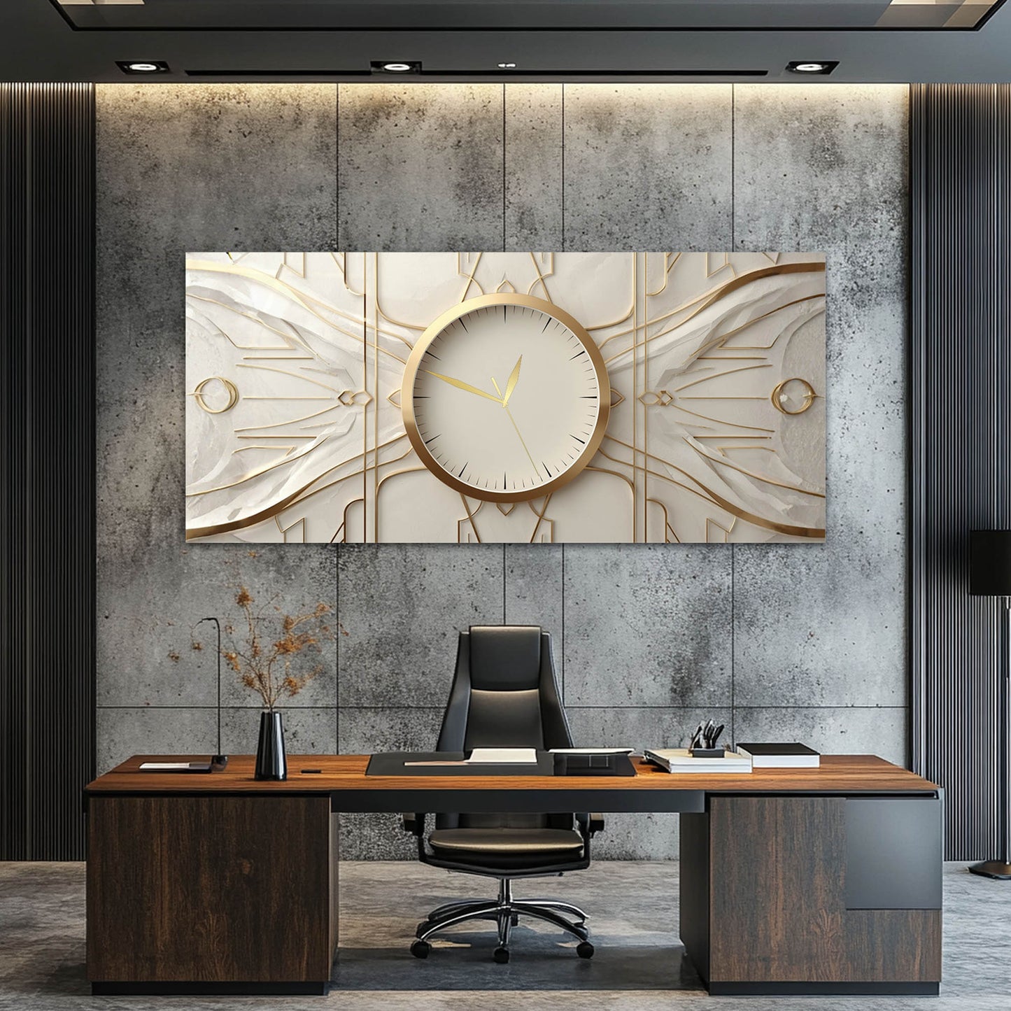 Art Deco Geometrik Altın Detaylı Cam Saatli Tablo 4 mm Beyaz