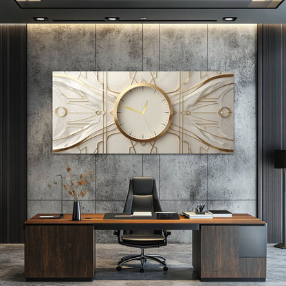 Art Deco Geometrik Altın Detaylı Cam Saatli Tablo 4 mm Beyaz