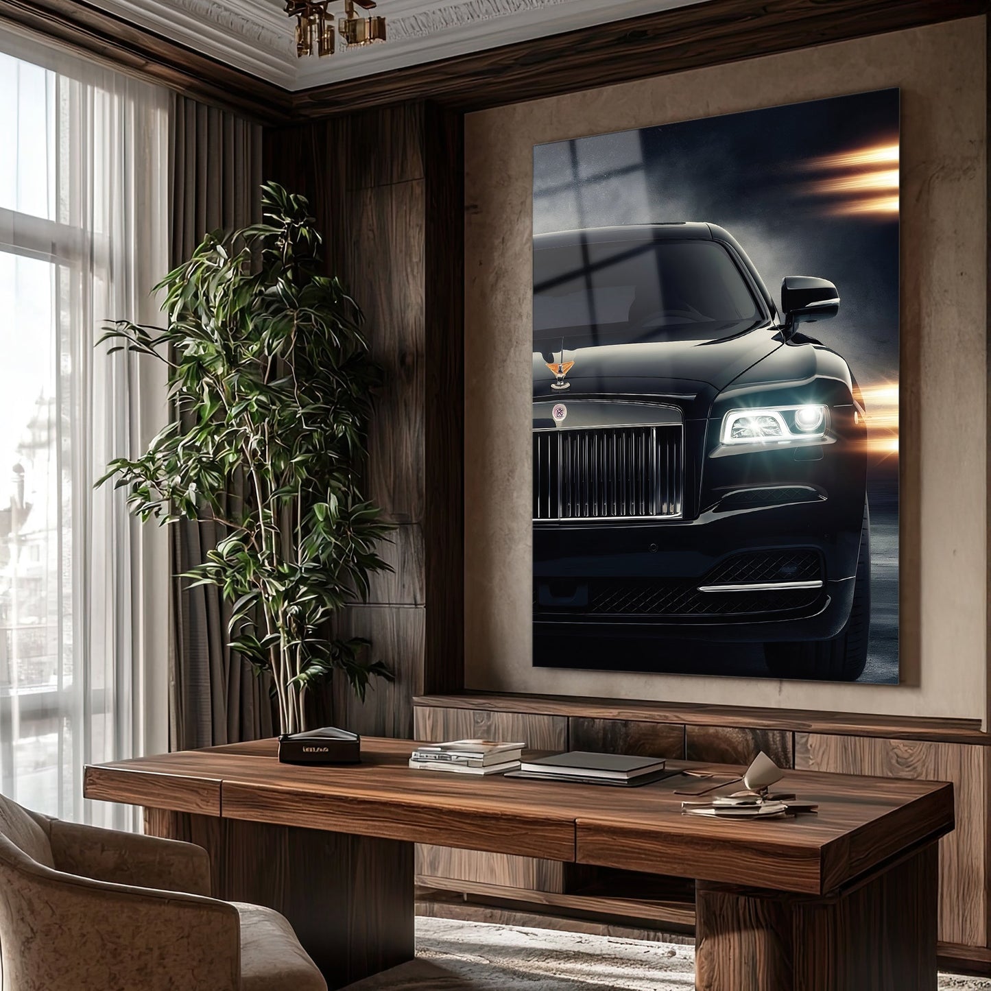 Rolls-Royce Cam Tablo – Lüks Otomobil Ön Görünüm ve Far Detayı