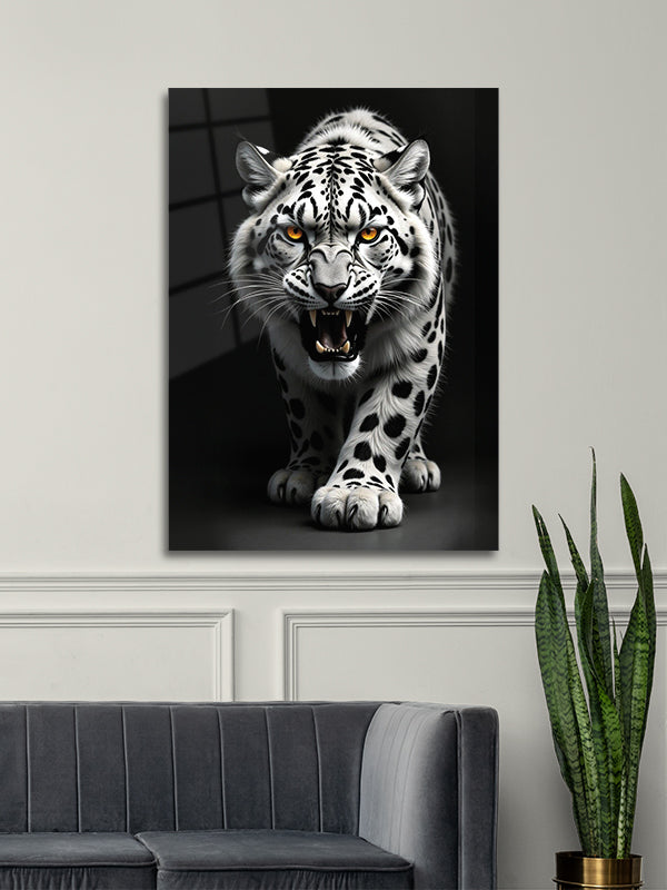 Beyaz Leoparı Dekoratif Cam Tablo Duvar Sanatı