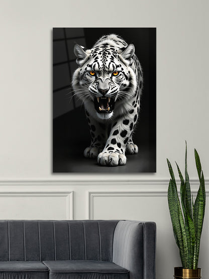 Beyaz Leoparı Dekoratif Cam Tablo Duvar Sanatı