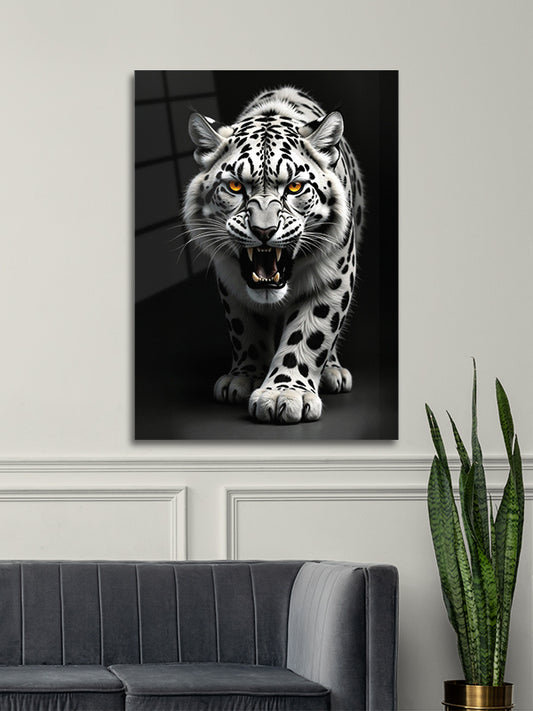 Beyaz Leoparı Dekoratif Cam Tablo Duvar Sanatı