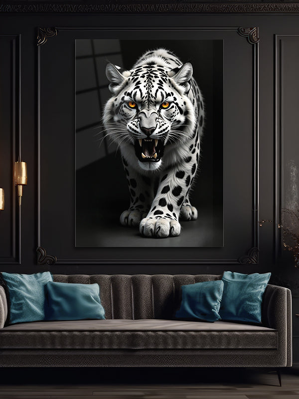 Beyaz Leoparı Dekoratif Cam Tablo Duvar Sanatı