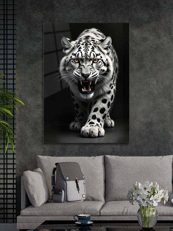 Beyaz Leoparı Dekoratif Cam Tablo Duvar Sanatı