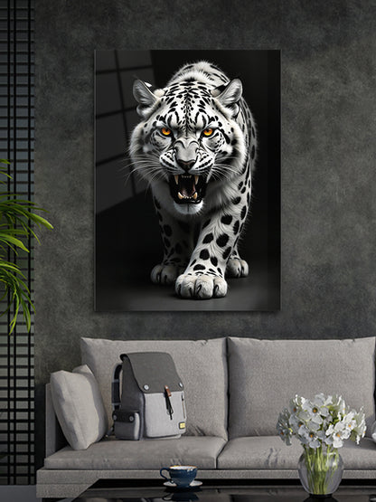Beyaz Leoparı Dekoratif Cam Tablo Duvar Sanatı