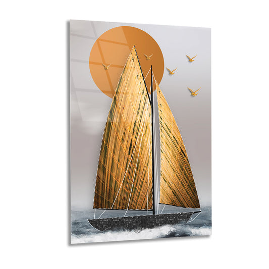 Artistic Glass Panel of a Sailboat with Golden Sails 