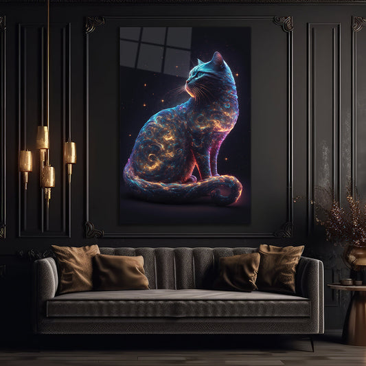 Cat with Cosmic Colors modren art - Glass Wall Art 