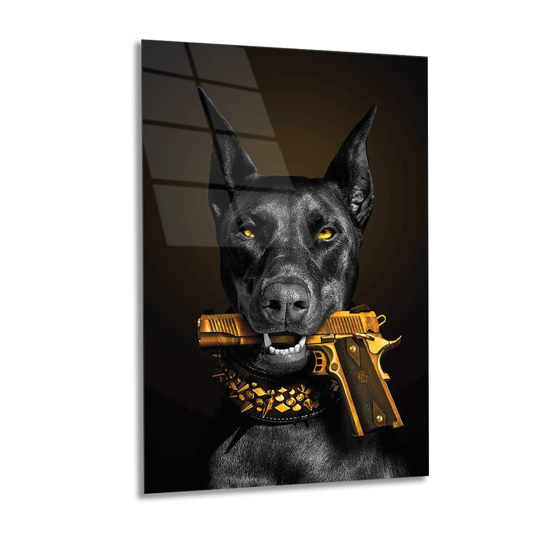Dog holding golden gun wall art glass 