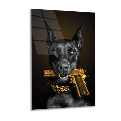 Dog holding golden gun wall art glass 