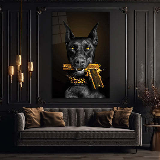 Dog holding golden gun wall art glass 