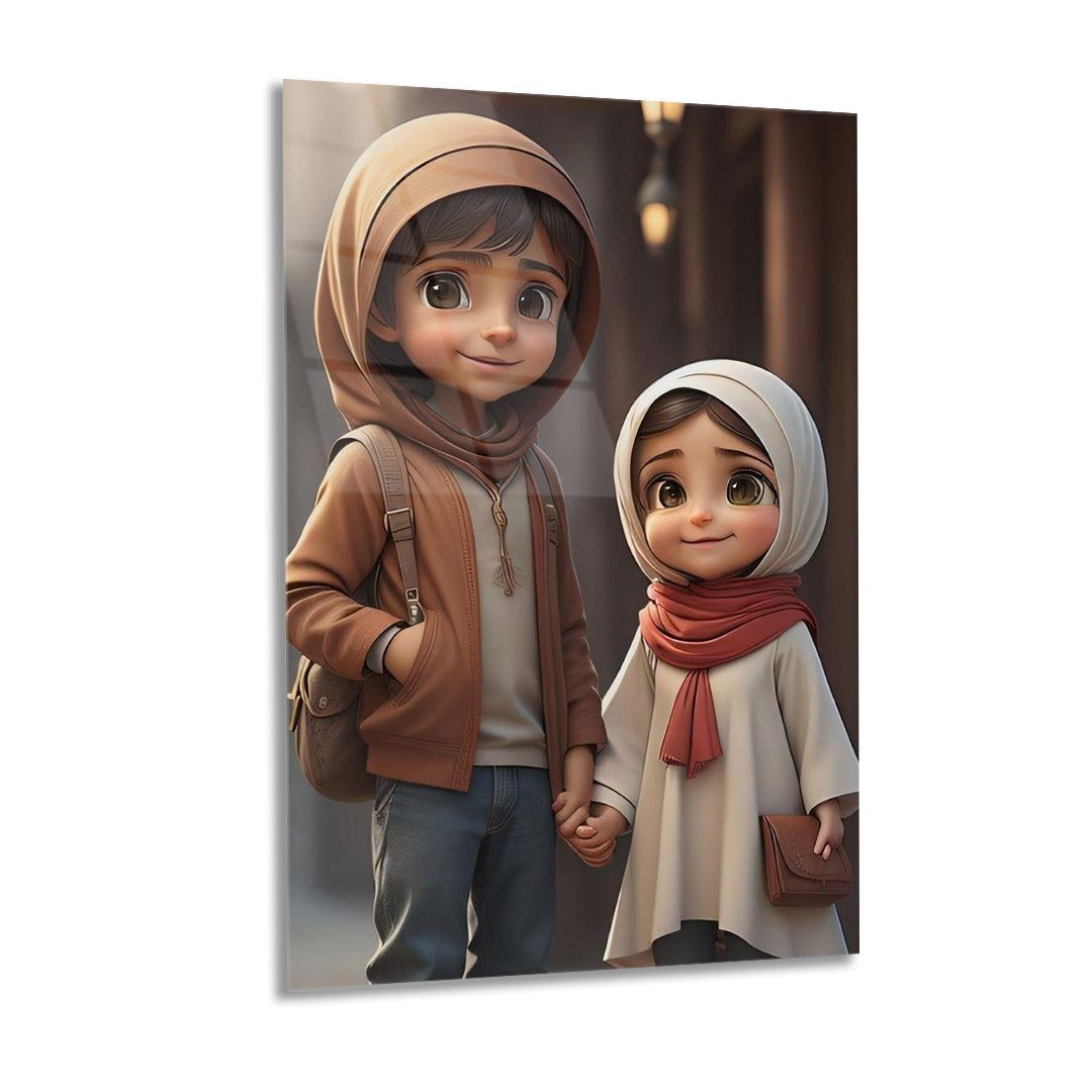 Cute Muslim Siblings Holding Hands wall art glass 