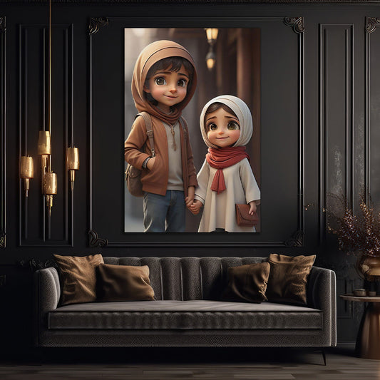 Cute Muslim Siblings Holding Hands wall art glass 