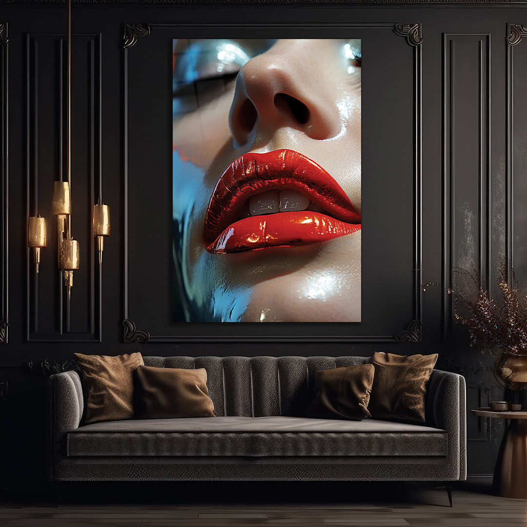 Red lips in high resolution glass wall art