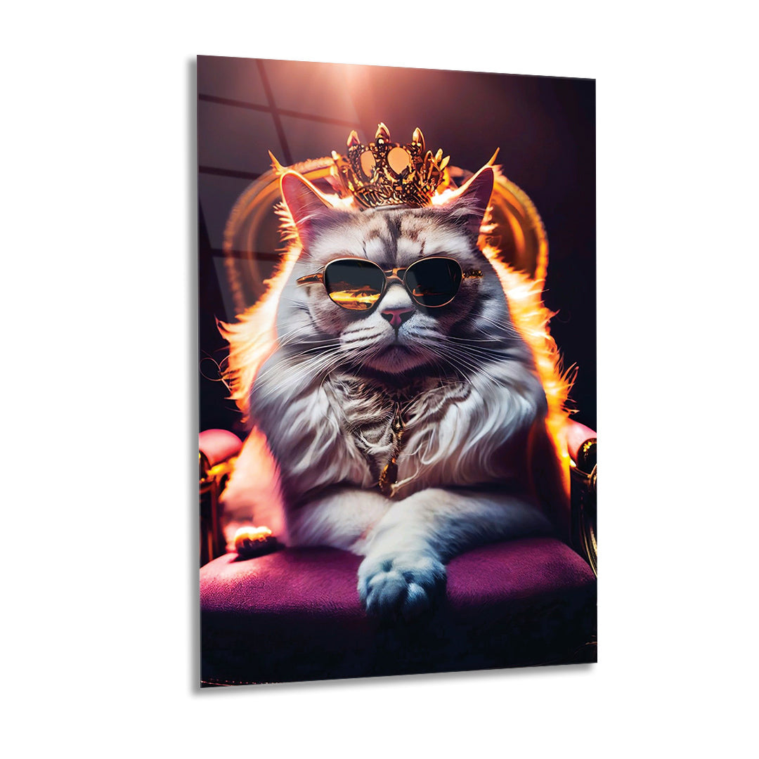 Royal Cat with Crown and Sunglasses Glass Wall Art