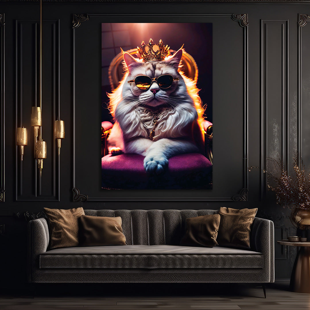 Royal Cat with Crown and Sunglasses Glass Wall Art