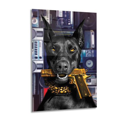 Dog Holding a Gun with Vintage Tape Recorders in the Background Glass Wall Art